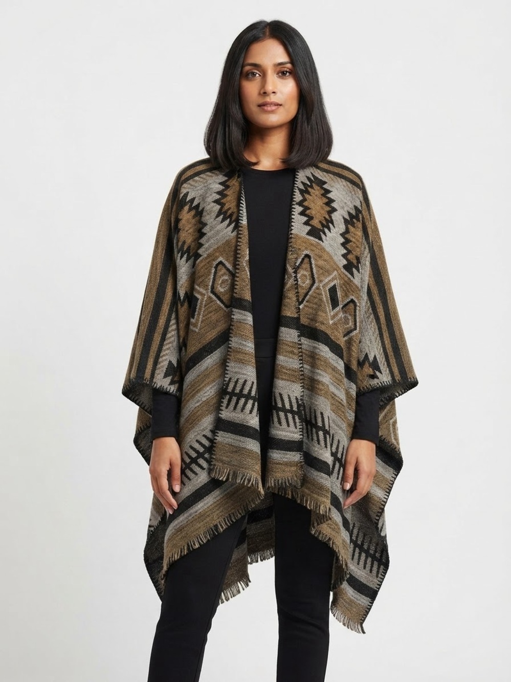 Women's Brown & Gray Aztec Poncho Sweater One Size Fits All